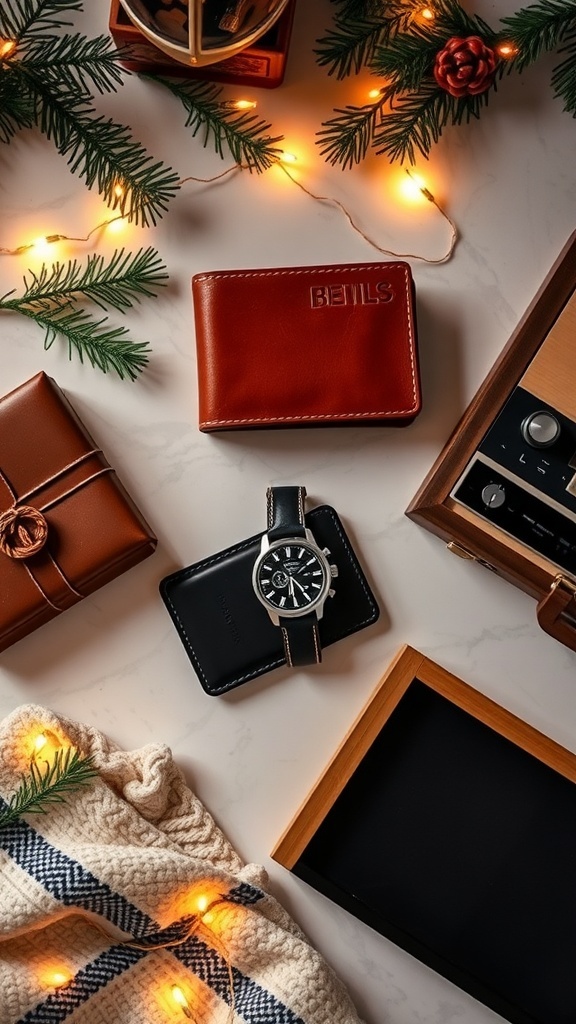 Aesthetic Christmas gifts for a boyfriend arranged with festive decorations.